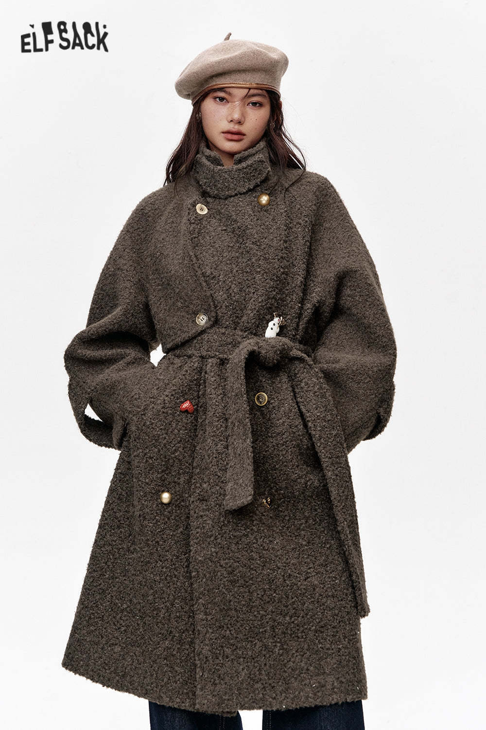 ELFSACK 2024 Winter New Arrivals Long Thick Coat for Women with Belt and Raglan Sleeves