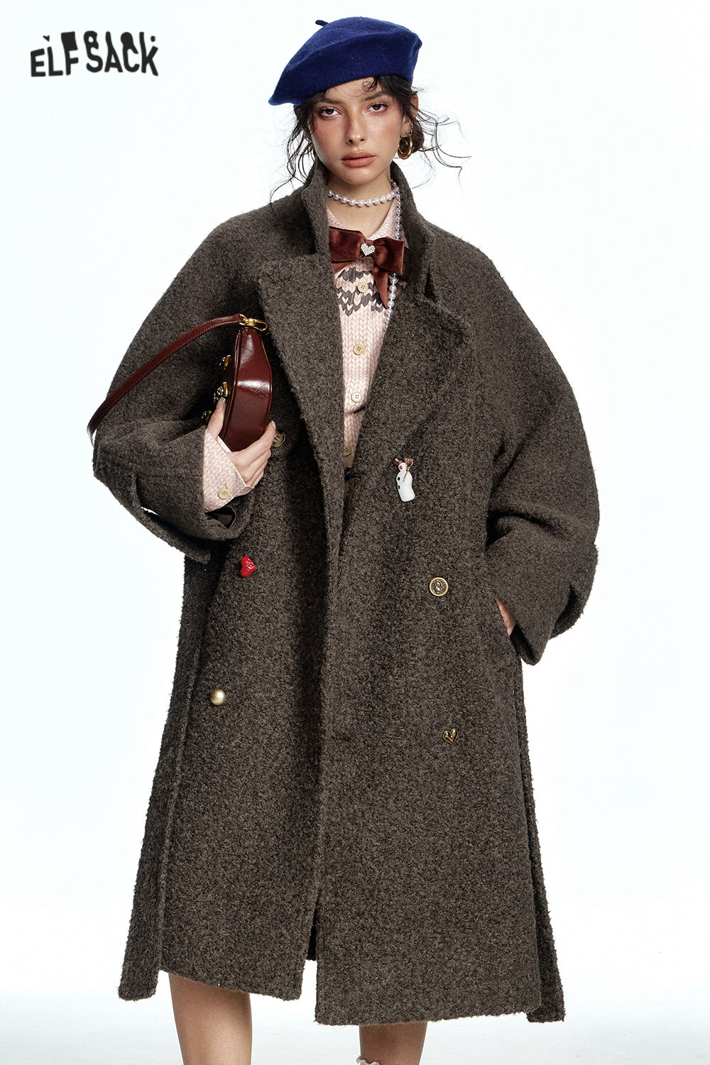ELFSACK Long Thick Coat with Belt and Raglan Sleeves