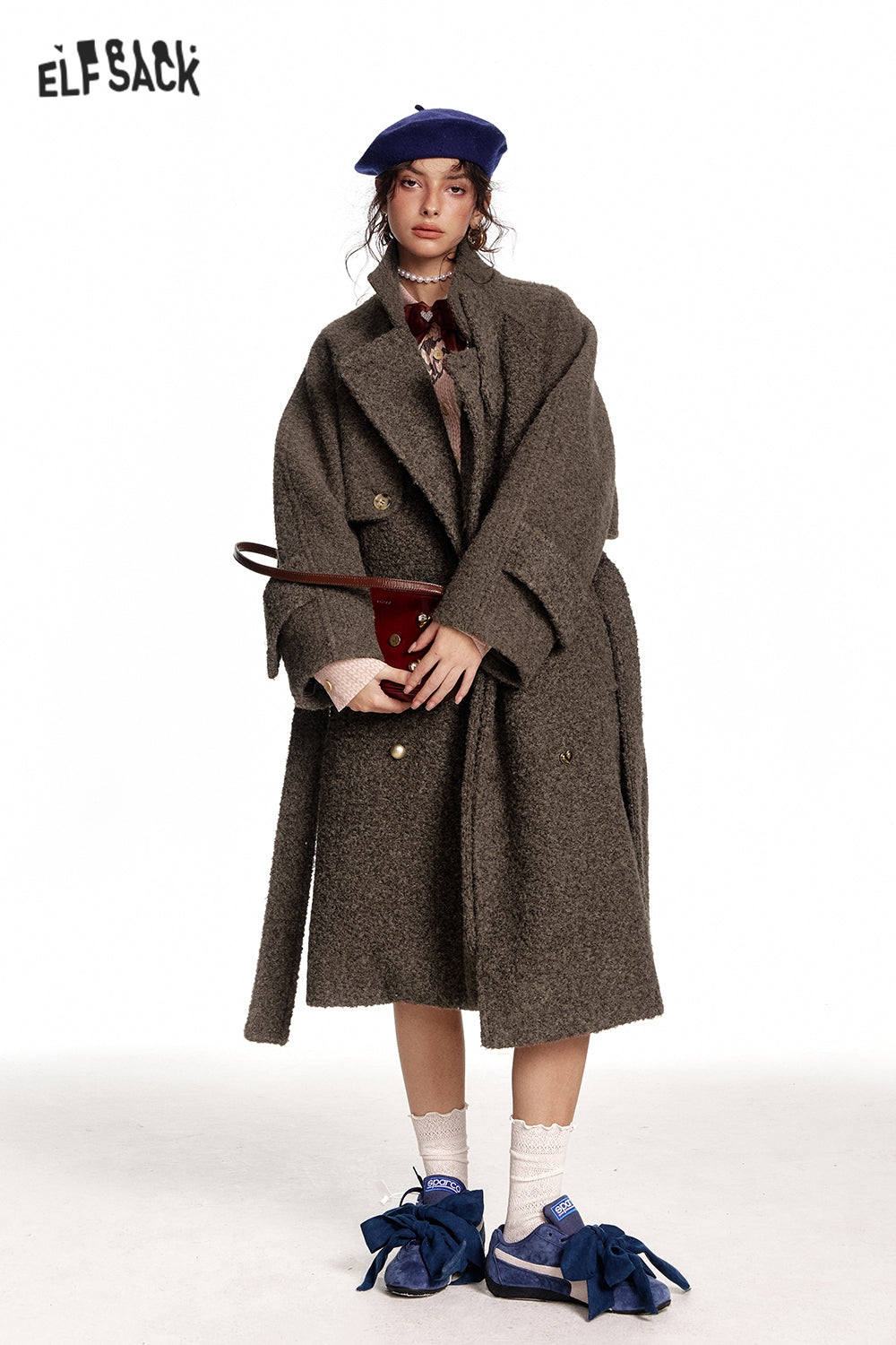 ELFSACK Long Thick Coat with Belt and Raglan Sleeves