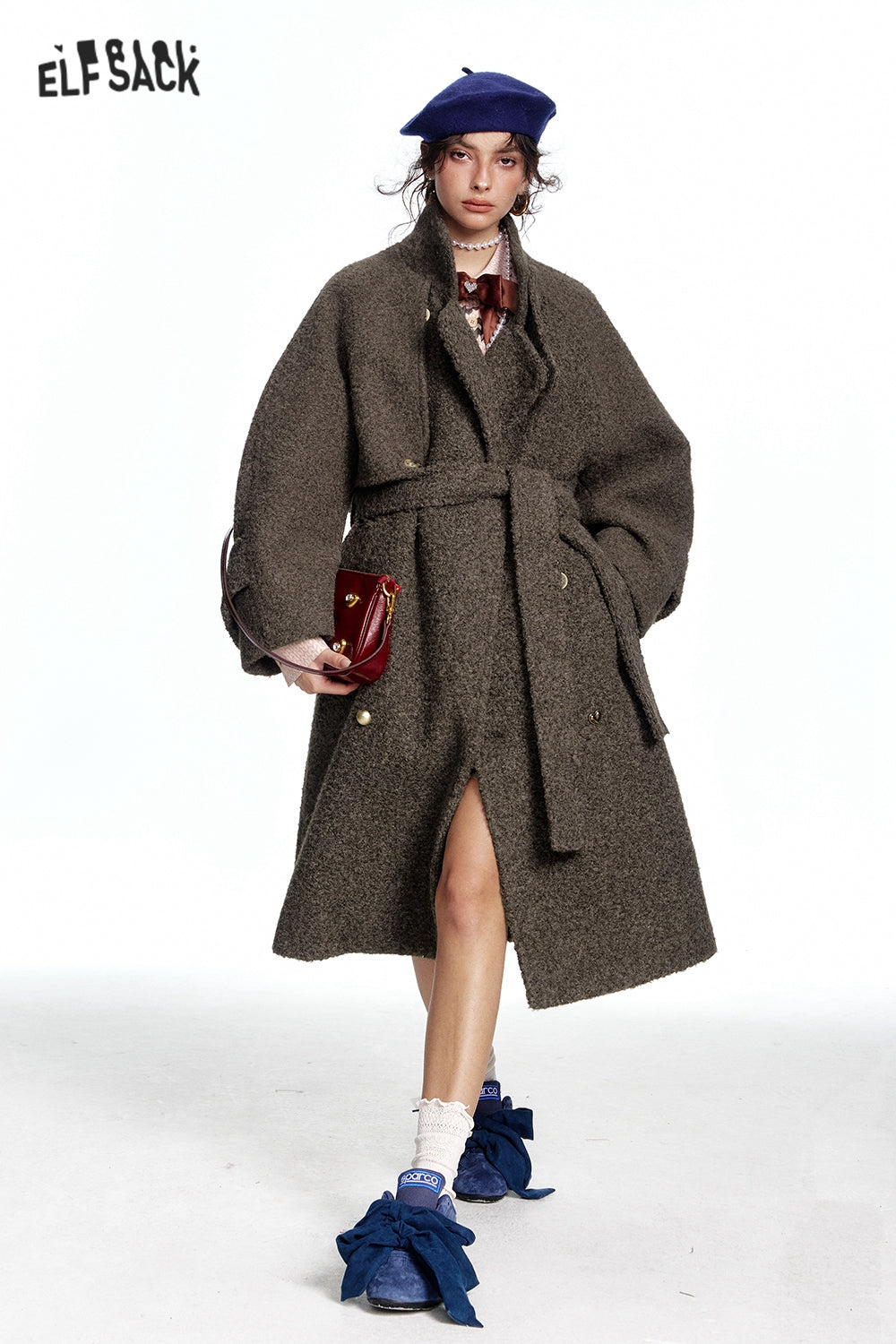 ELFSACK Long Thick Coat with Belt and Raglan Sleeves