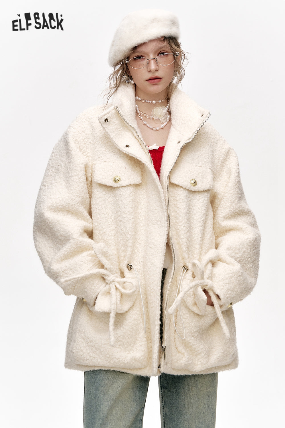ELFSACK White plush thick coat with stand collar and pockets