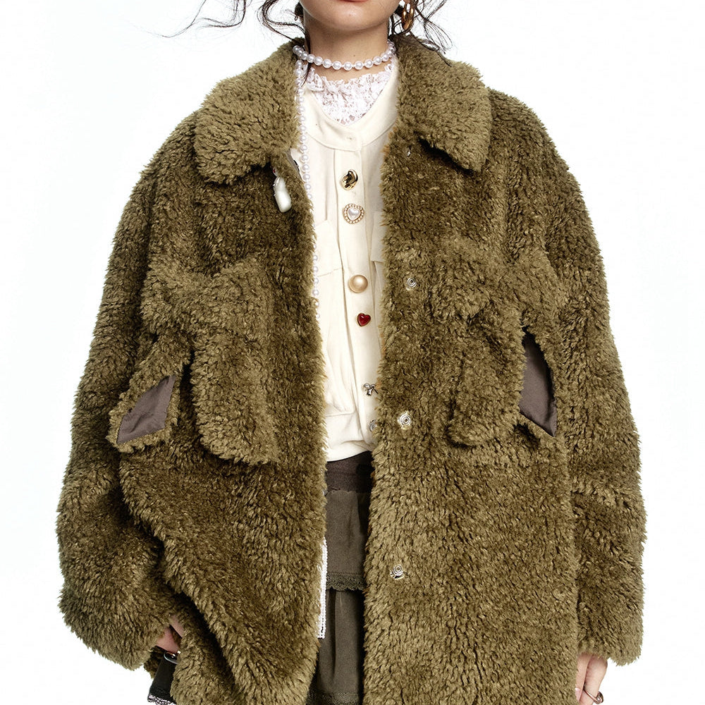 
                  
                    ELFSACK 2024 Winter New Arrivals Y2K Olive Bowknot Plush Thick Jacket Women
                  
                