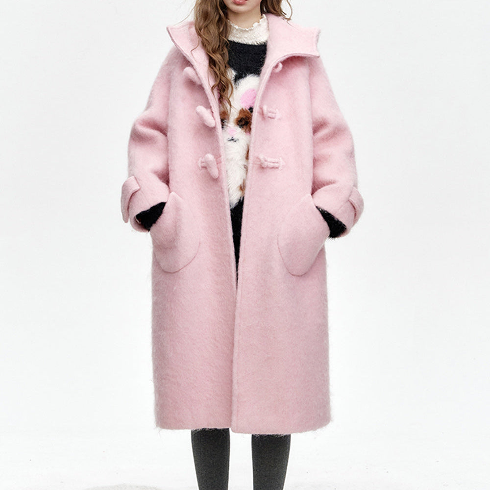 ELFSACK 2024 Winter New Arrivals Sweet pink hooded long thick coat for women