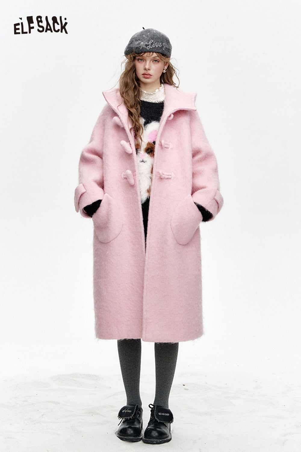 ELFSACK 2024 Winter New Arrivals Sweet pink hooded long thick coat for women