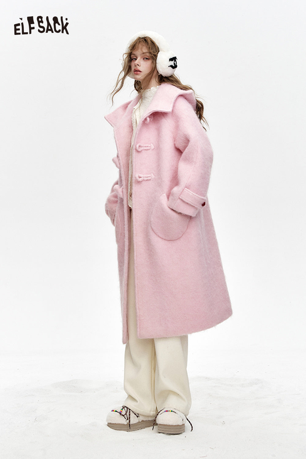 ELFSACK Sweet pink hooded long thick coat