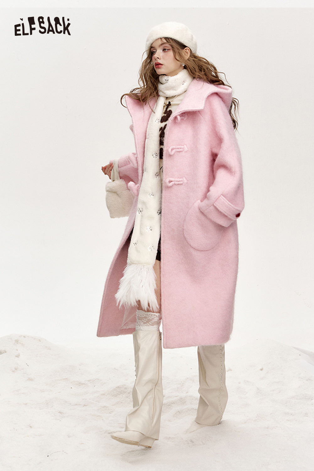 ELFSACK Sweet pink hooded long thick coat