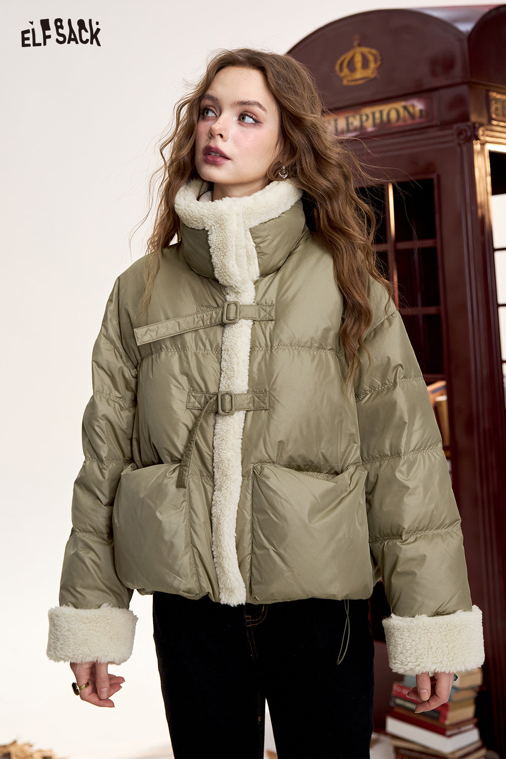 ELFSACK Retro plus fur stitching short down jacket warm coat with stand collar zipper button warm coat