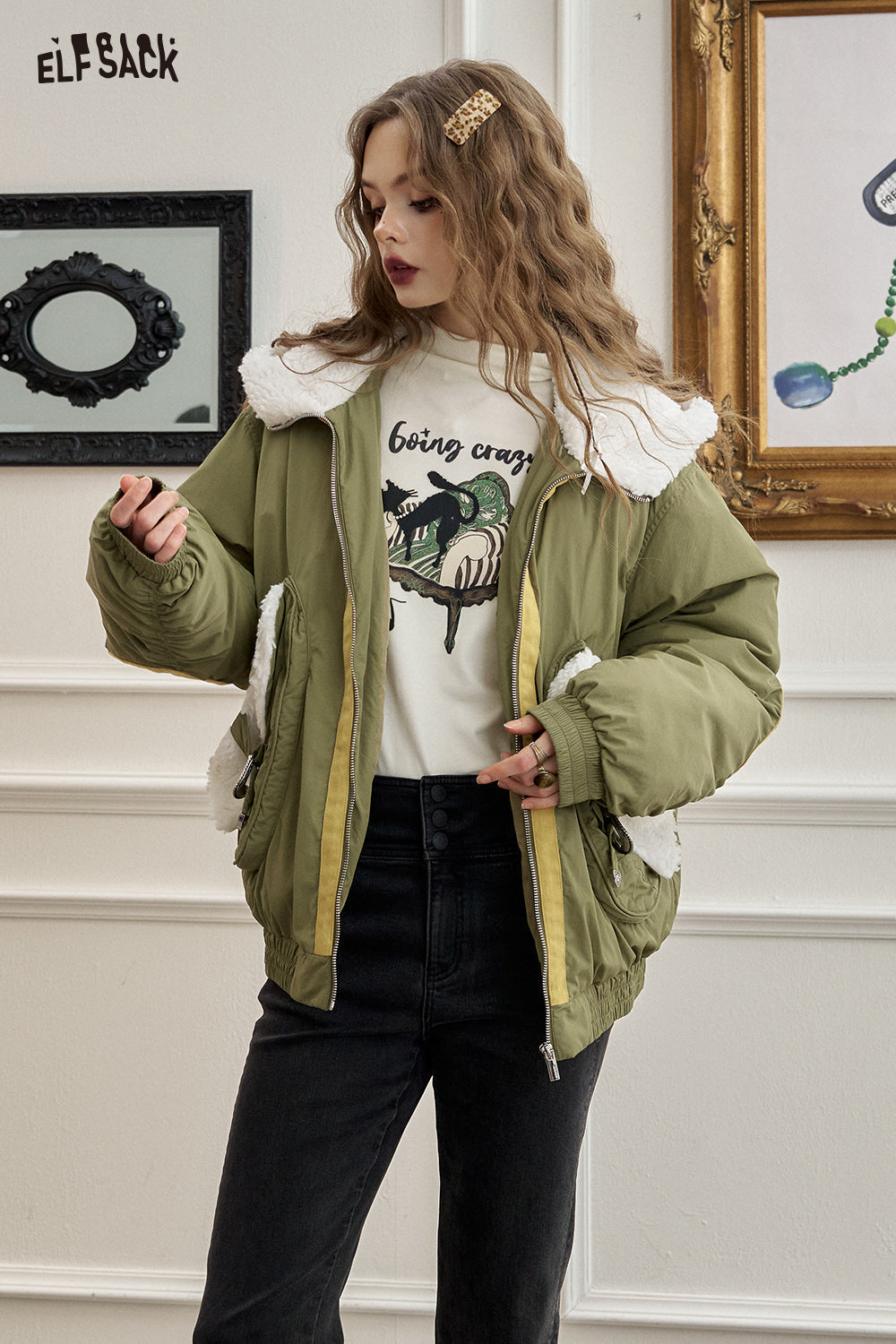 ELFSACK Preppy style lapel green warm thickened coat plush design fashionable warm coat