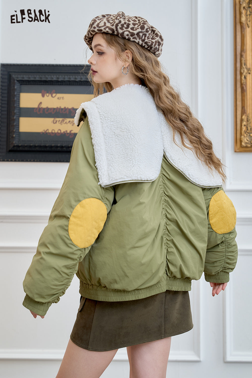 ELFSACK Preppy style lapel green warm thickened coat plush design fashionable warm coat