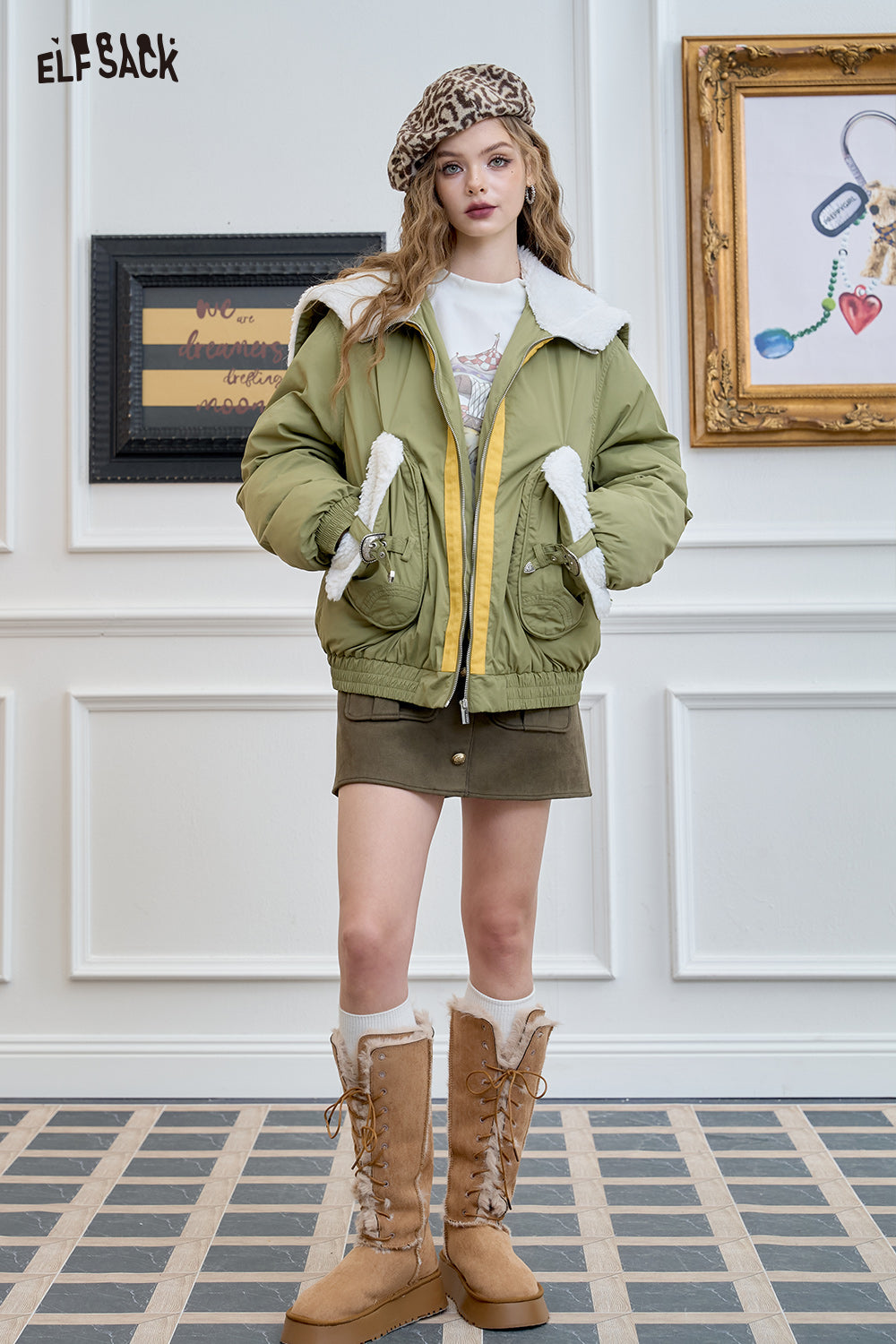 ELFSACK Preppy style lapel green warm thickened coat plush design fashionable warm coat
