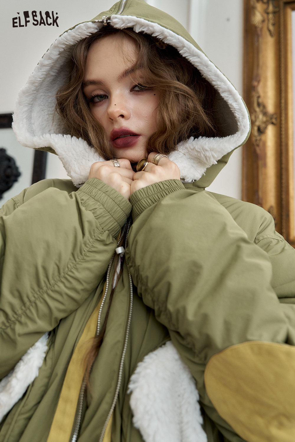 ELFSACK Preppy style lapel green warm thickened coat plush design fashionable warm coat