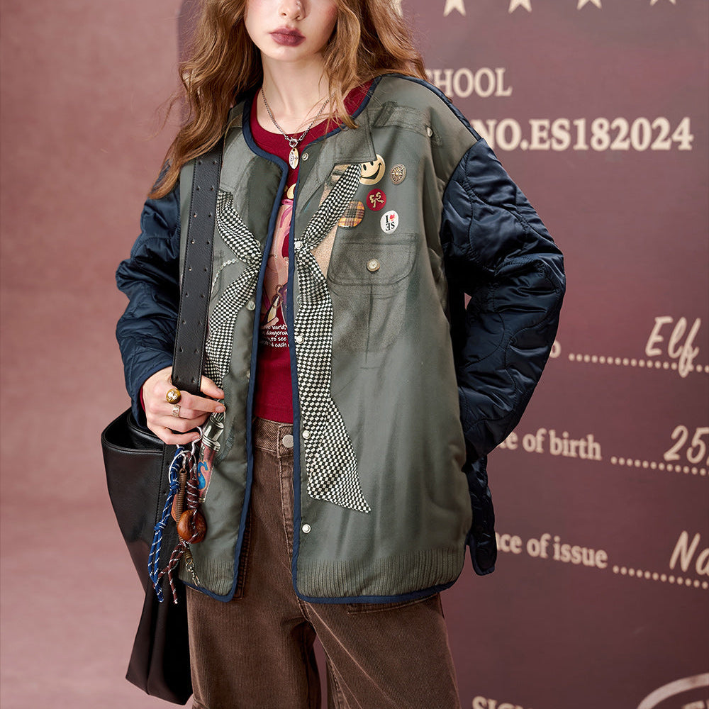 ELFSACK 2024 Autumn New Arrivals Printed loose retro mid-length casual cotton jacket for women,