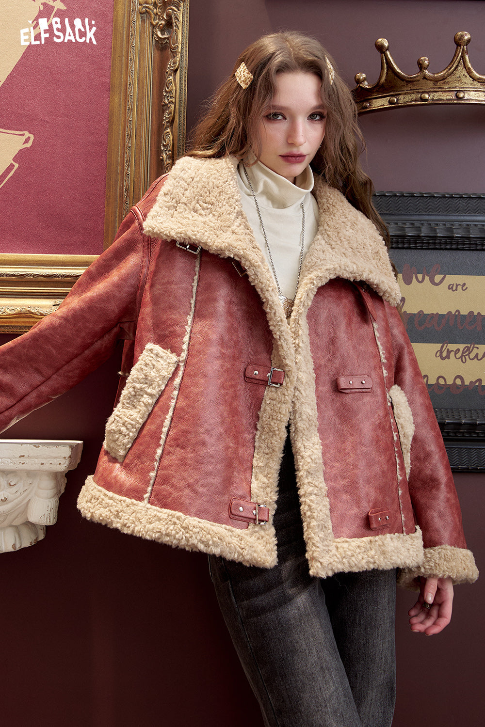 ELFSACK Retro red fur patchwork thickened coat
