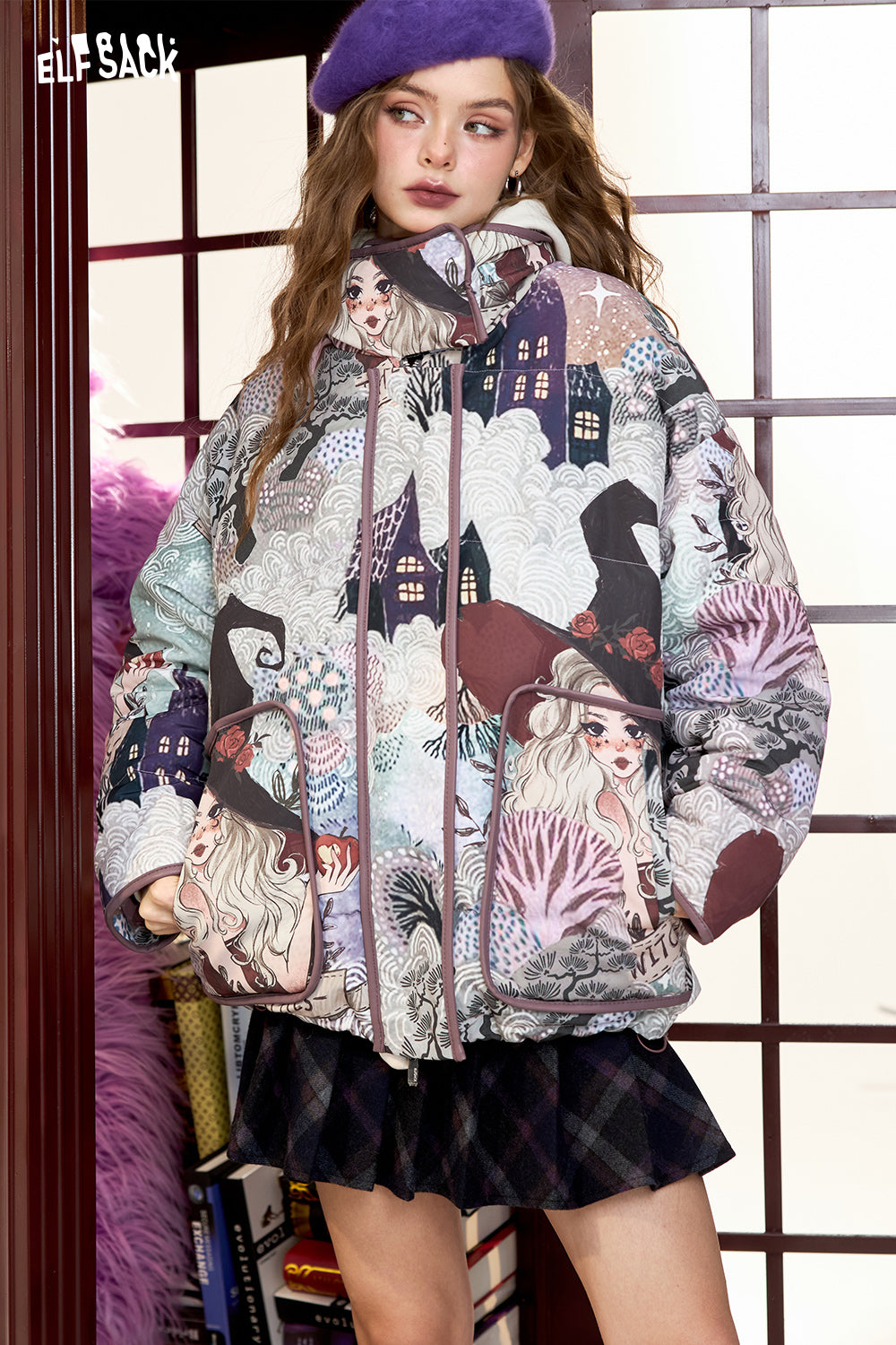 ELFSACK Retro witch cartoon full print stand collar short down jacket women windproof warm coat