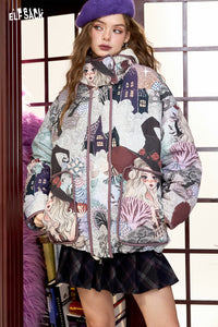 ELFSACK Retro witch cartoon full print stand collar short down jacket
