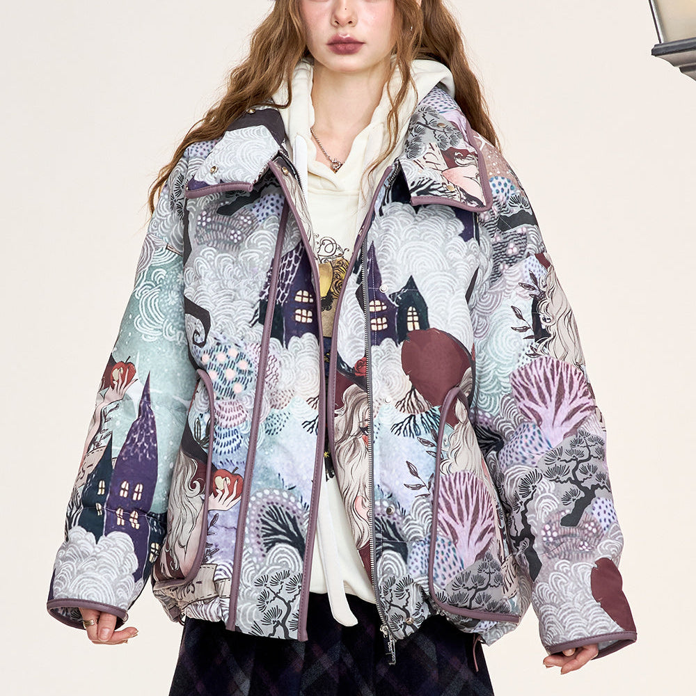 ELFSACK 2024 Winter New Arrivals Retro witch cartoon full print stand collar short down jacket women windproof warm coat