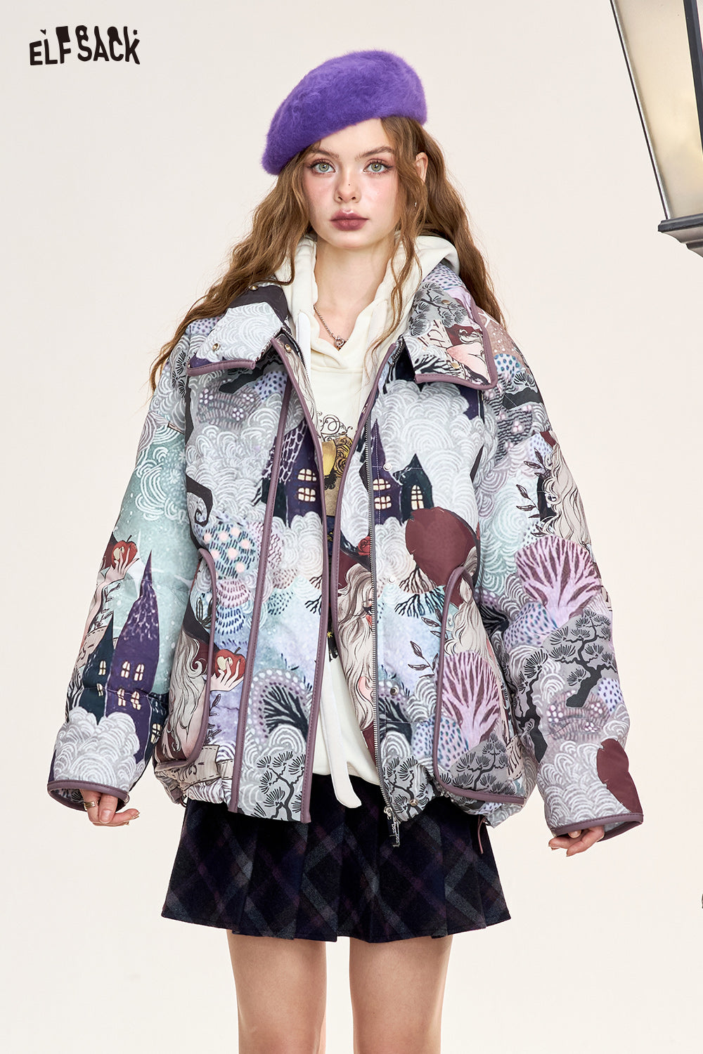 ELFSACK Retro witch cartoon full print stand collar short down jacket women windproof warm coat