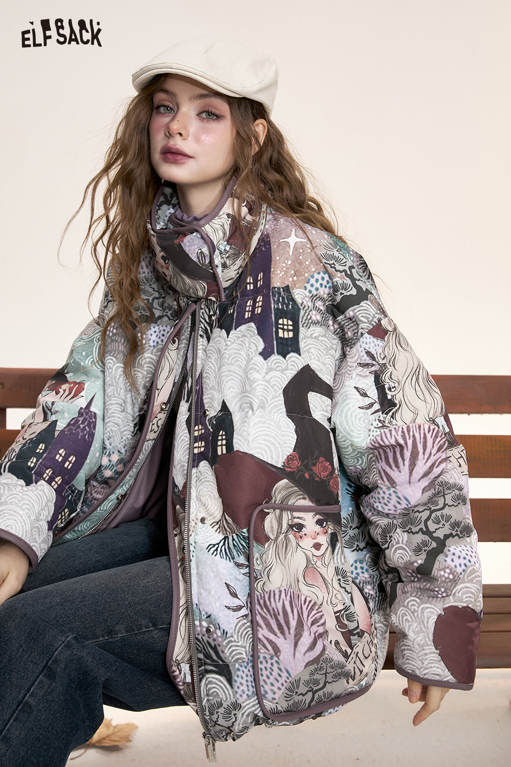 ELFSACK Retro witch cartoon full print stand collar short down jacket women windproof warm coat