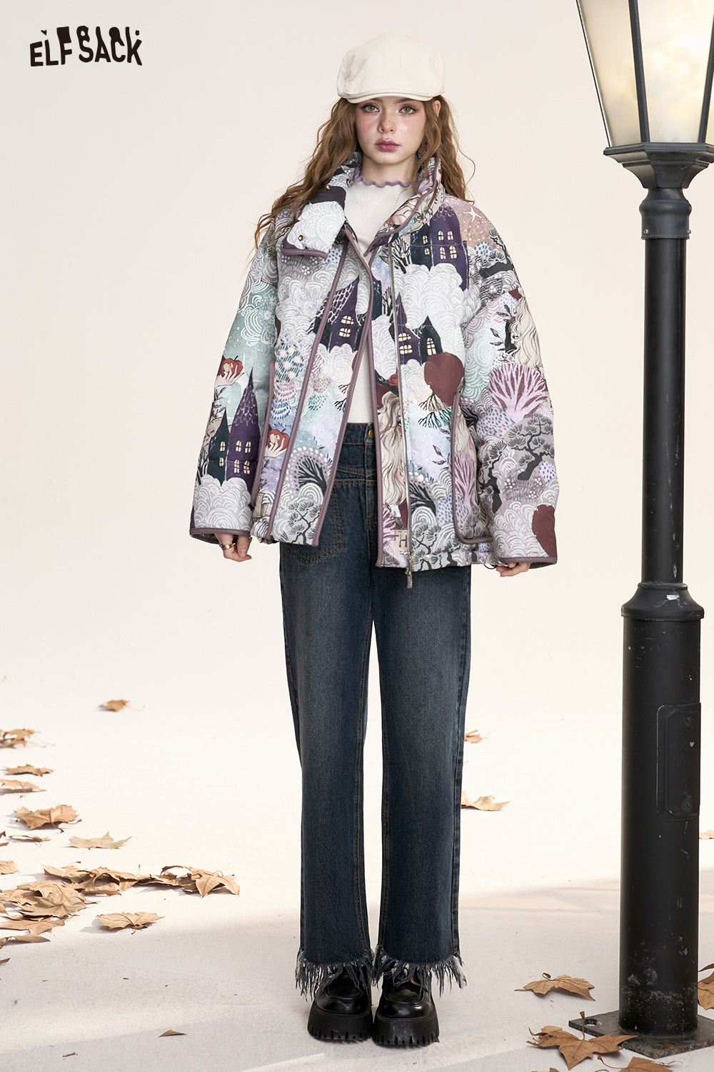 ELFSACK Retro witch cartoon full print stand collar short down jacket women windproof warm coat