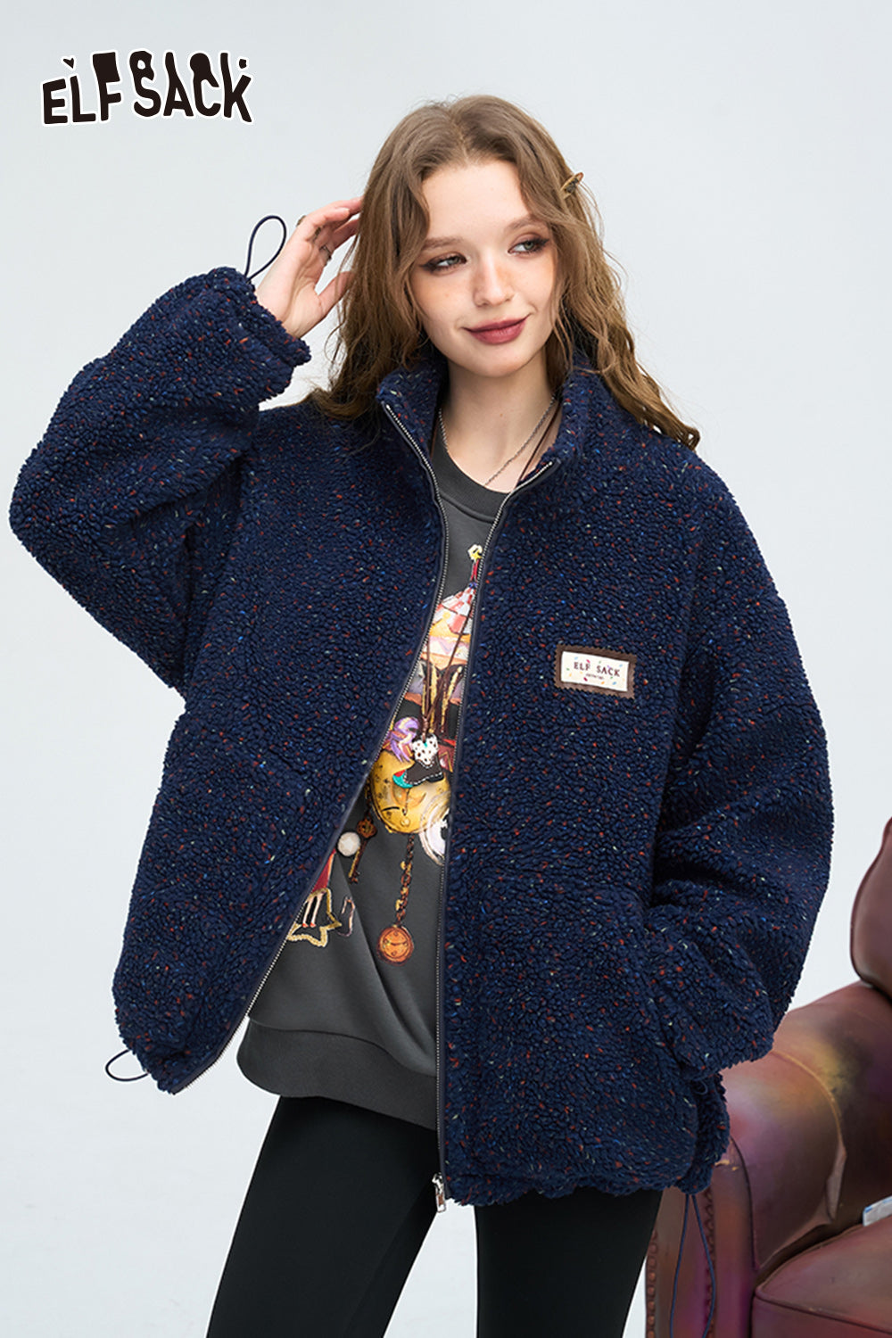 ELFSACK Preppy Style Versatile Colorful Dot Wadded Jacket Women