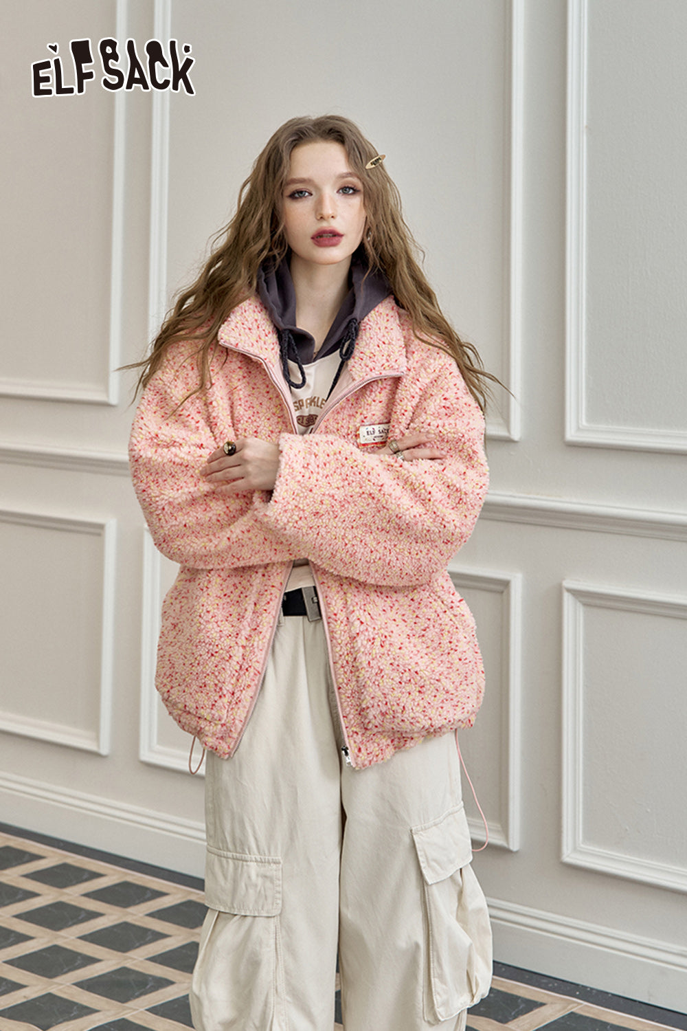 ELFSACK Preppy Style Versatile Colorful Dot Wadded Jacket Women