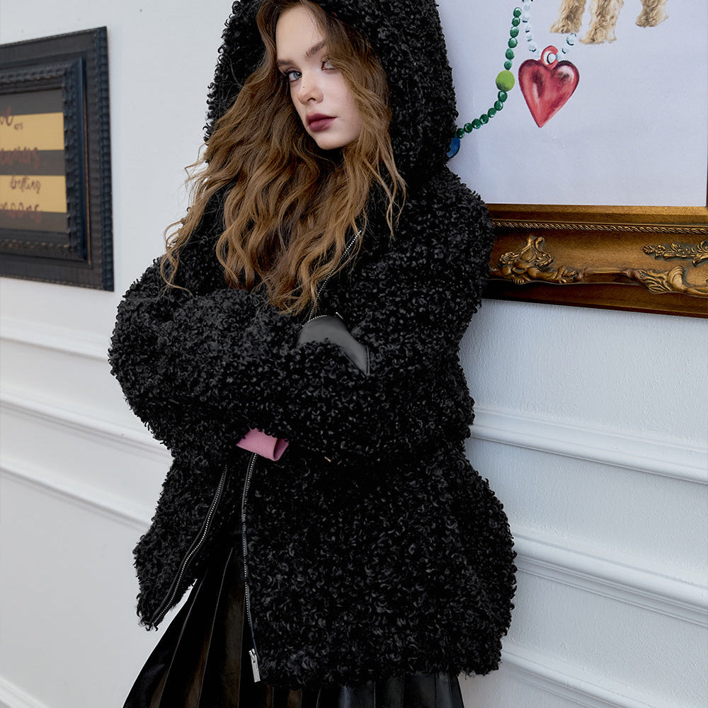 ELFSACK 2024 Winter New Arrivals Black Thick Hooded Jacket for Women with Fluffy Rabbit Ears Sweet and Cool