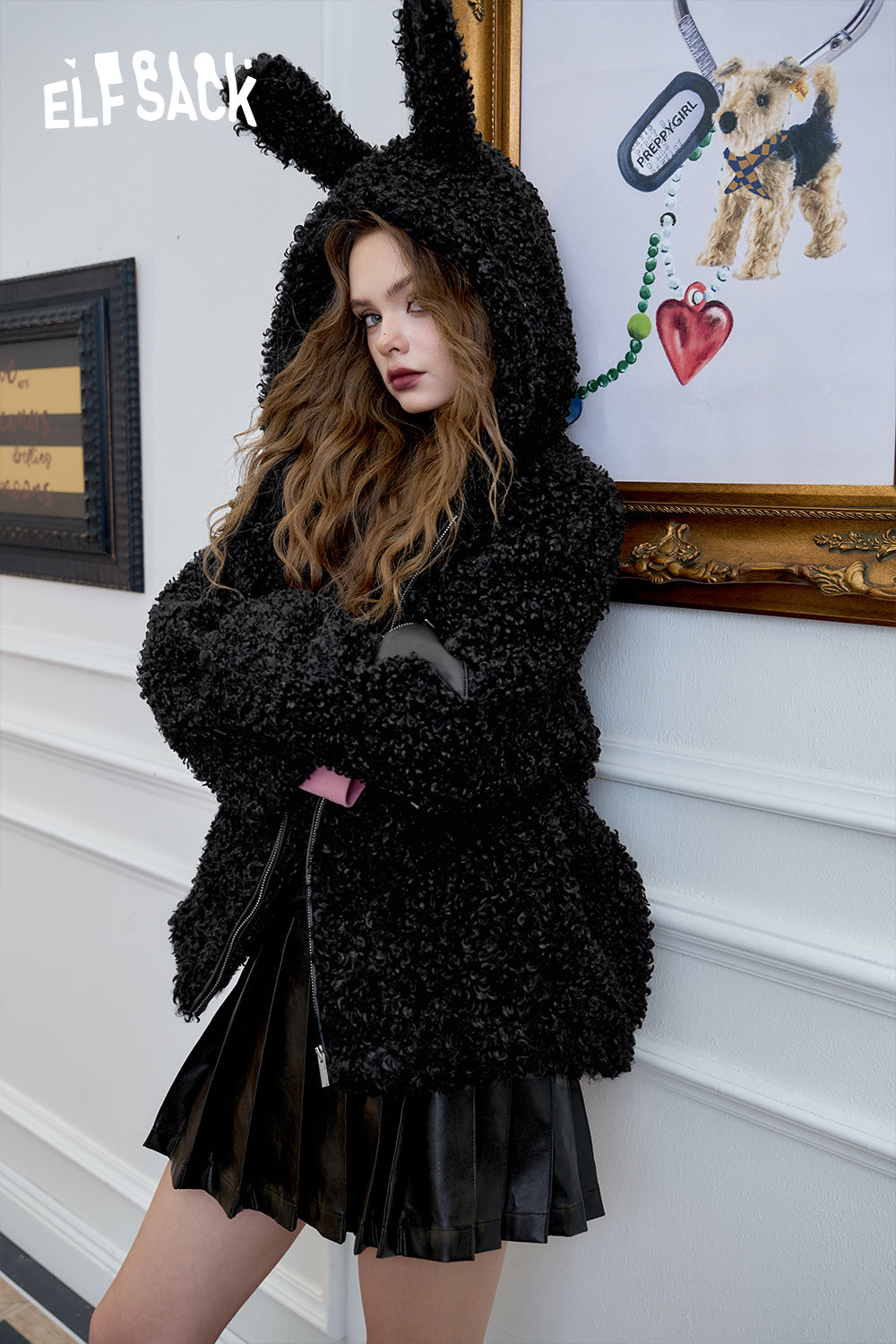 ELFSACK Black Thick Hooded Jacket with Fluffy Rabbit Ears Sweet and Cool