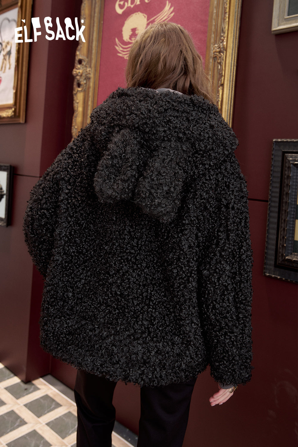 ELFSACK Black Thick Hooded Jacket with Fluffy Rabbit Ears Sweet and Cool
