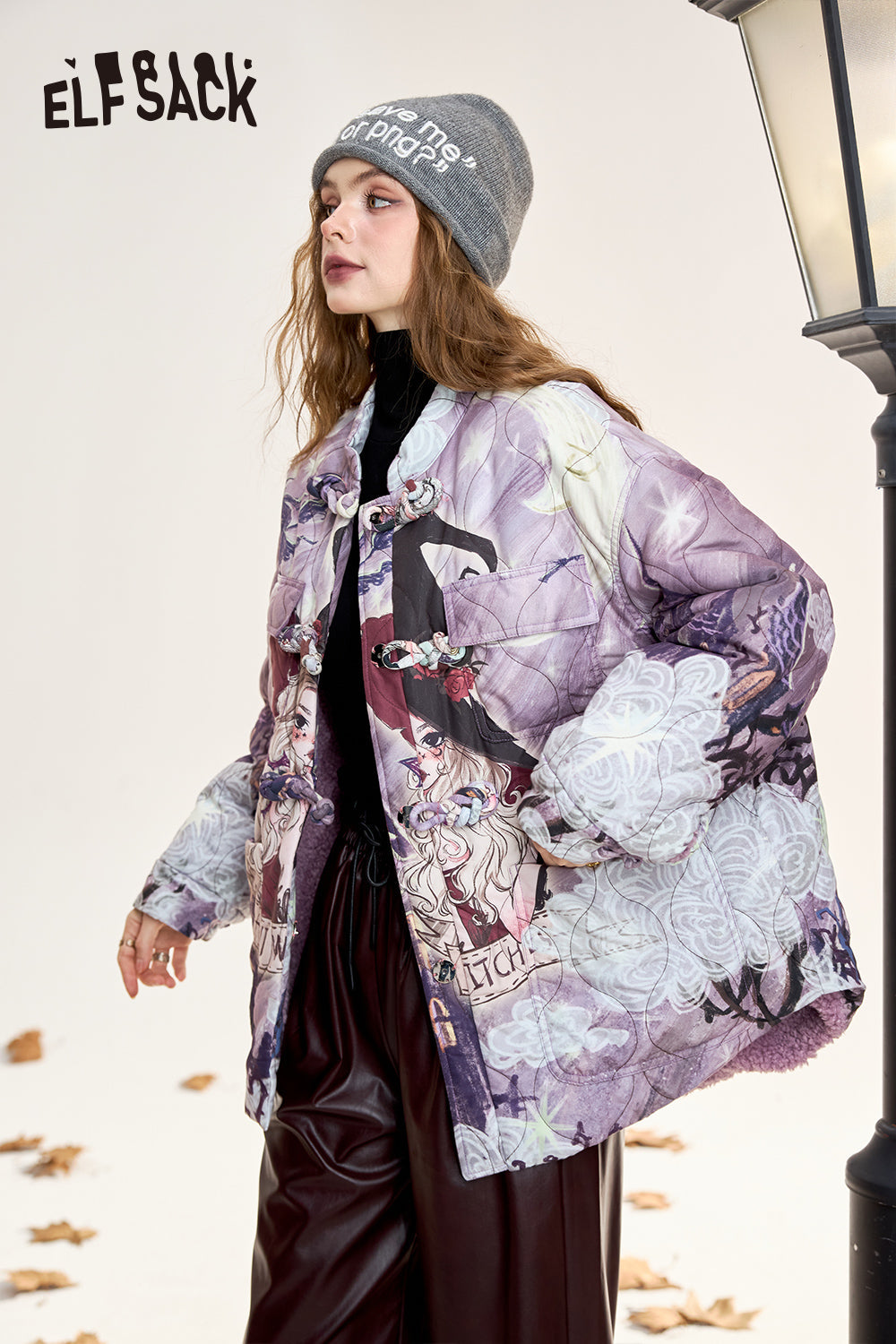 ELFSACK Original full print with buttons, plush and thick cotton coat, loose and simple