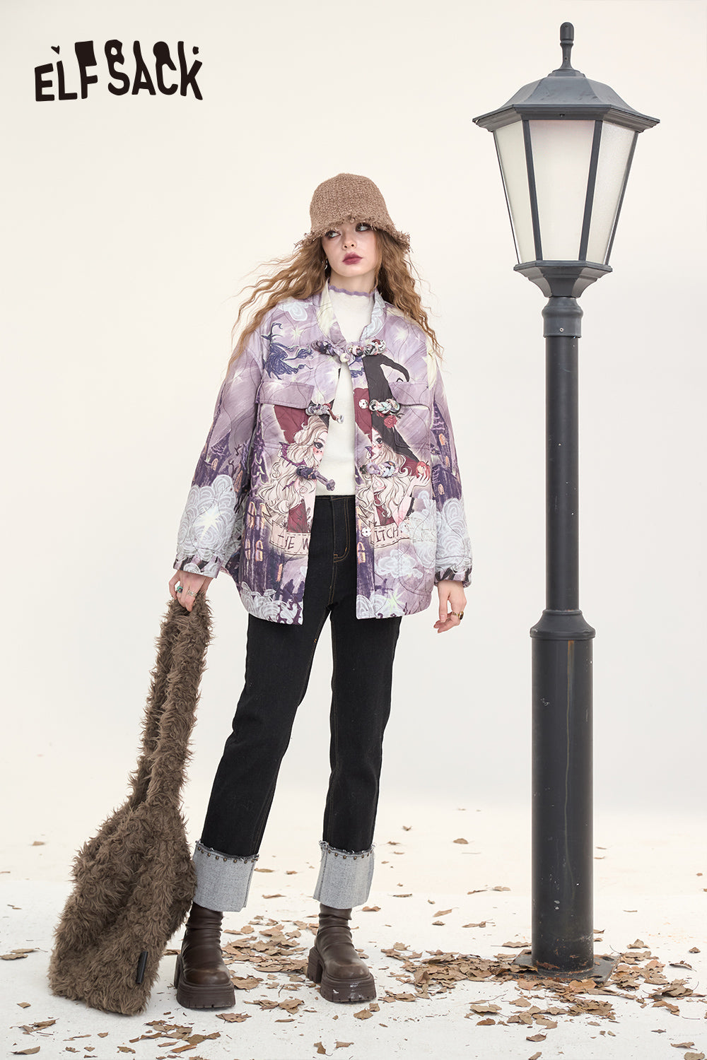 ELFSACK Original full print with buttons, plush and thick cotton coat, loose and simple