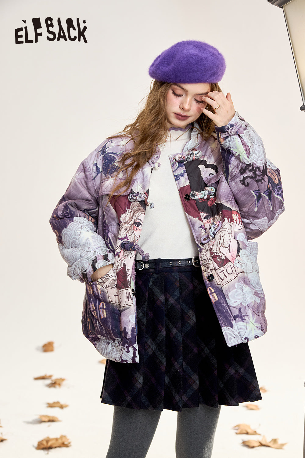 ELFSACK Original full print with buttons, plush and thick cotton coat, loose and simple