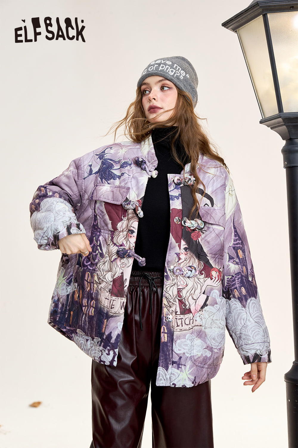 ELFSACK Original full print with buttons, plush and thick cotton coat, loose and simple