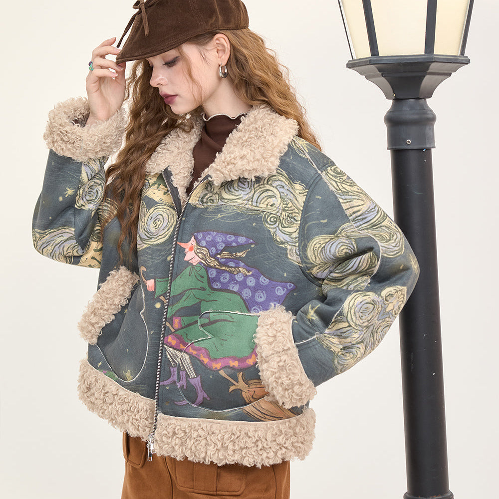 ELFSACK 2024 Winter New Arrivals Original full print plush thickened coat for women Retro witch print with zipper fur stitching