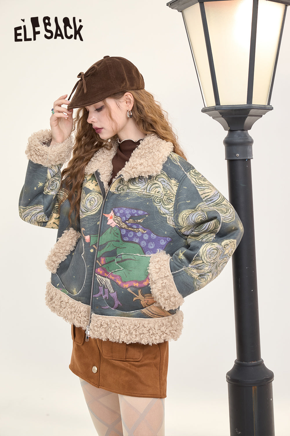 ELFSACK Original full print plush thickened coat Retro witch print with zipper fur stitching