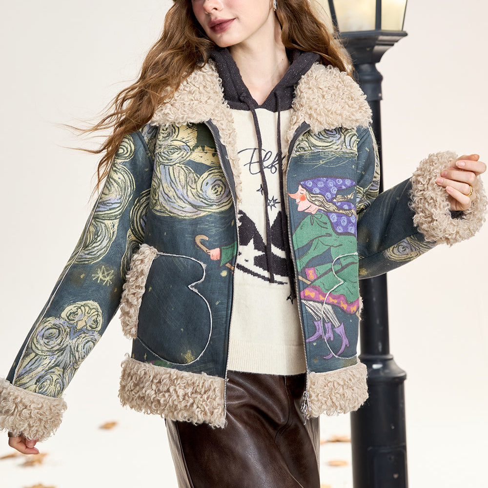 ELFSACK 2024 Winter New Arrivals Original full print plush thickened coat for women Retro witch print with zipper fur stitching