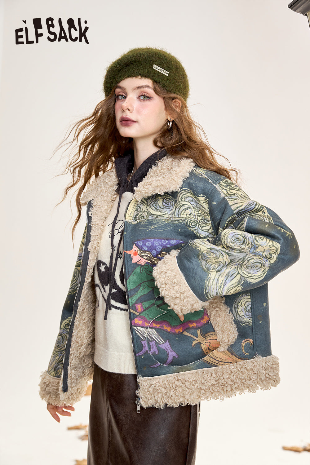 ELFSACK Original full print plush thickened coat Retro witch print with zipper fur stitching