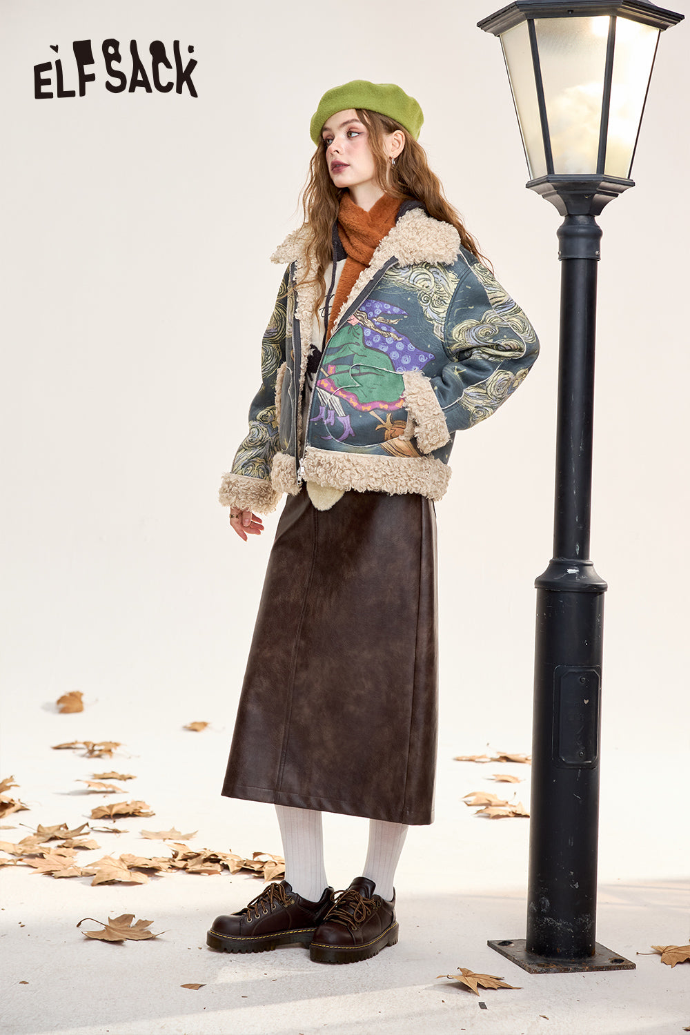 ELFSACK Original full print plush thickened coat Retro witch print with zipper fur stitching
