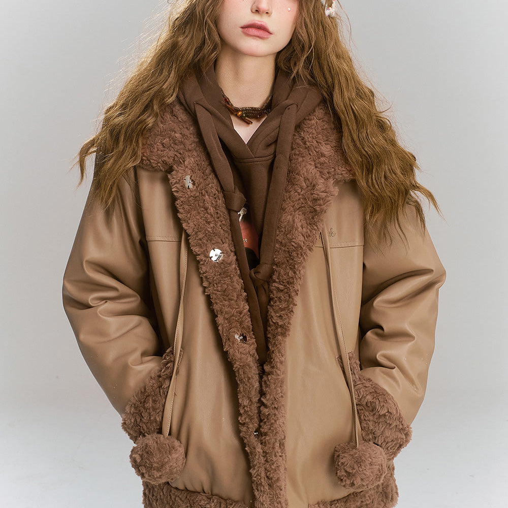 
                  
                    ELFSACK 2024 Winter New Arrivals Retro coffee with plush ball decoration PU plush stitching thick warm coat for women
                  
                