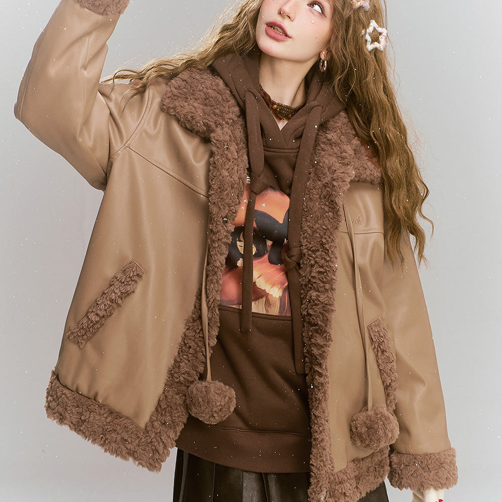 
                  
                    ELFSACK 2024 Winter New Arrivals Retro coffee with plush ball decoration PU plush stitching thick warm coat for women
                  
                