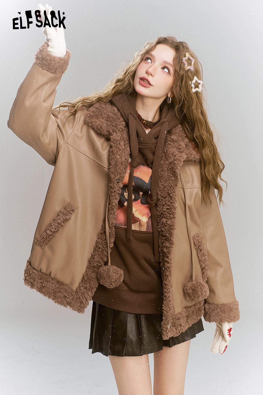 ELFSACK Retro coffee with plush ball decoration PU plush stitching thick warm coat