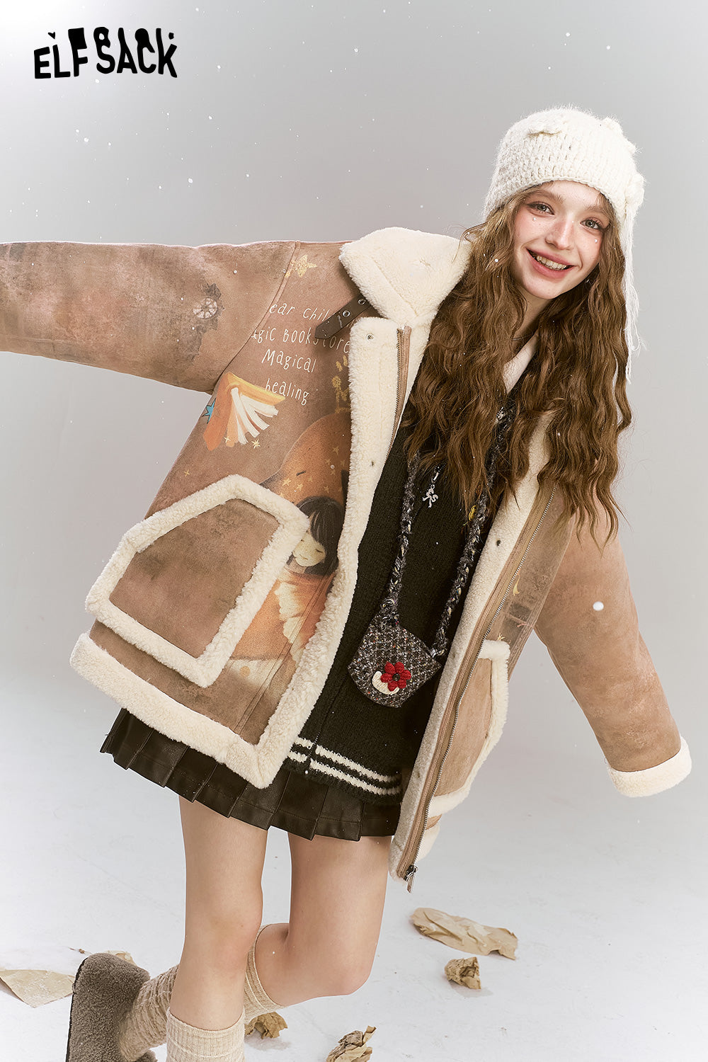 ELFSACK Original full-print imitation suede composite imitation plush loose thickened coat