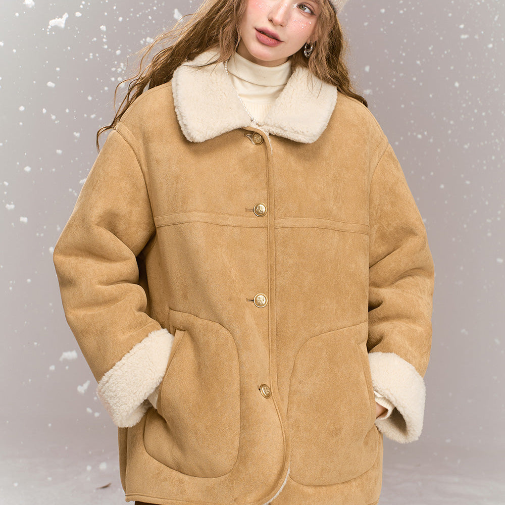 ELFSACK 2024 Winter New Arrivals Suede Plush Thickened Jacket Women Retro Casual Single Breasted Warm Jacket