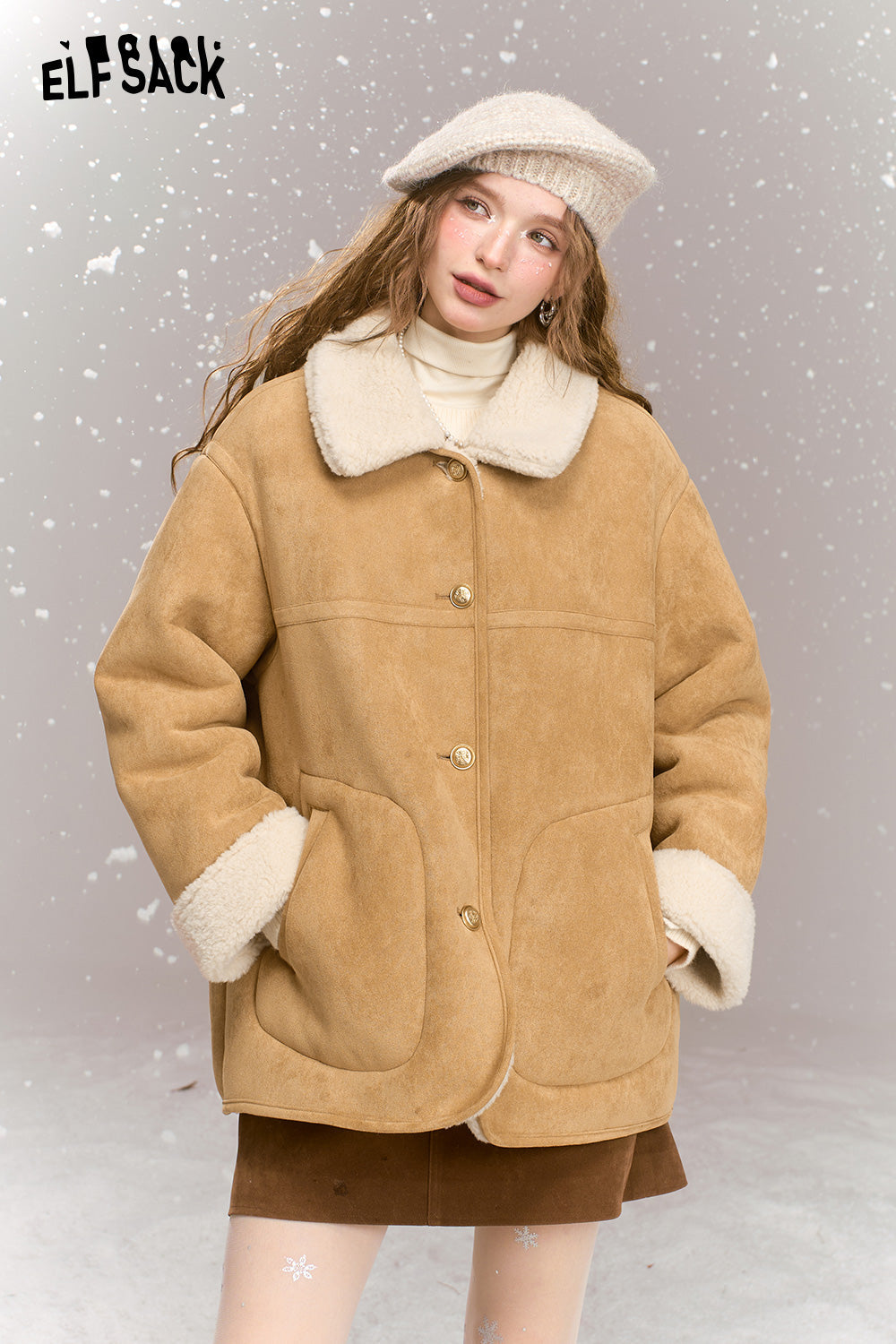 ELFSACK Suede Plush Thickened Jacket Women Retro Casual Single Breasted Warm Jacket