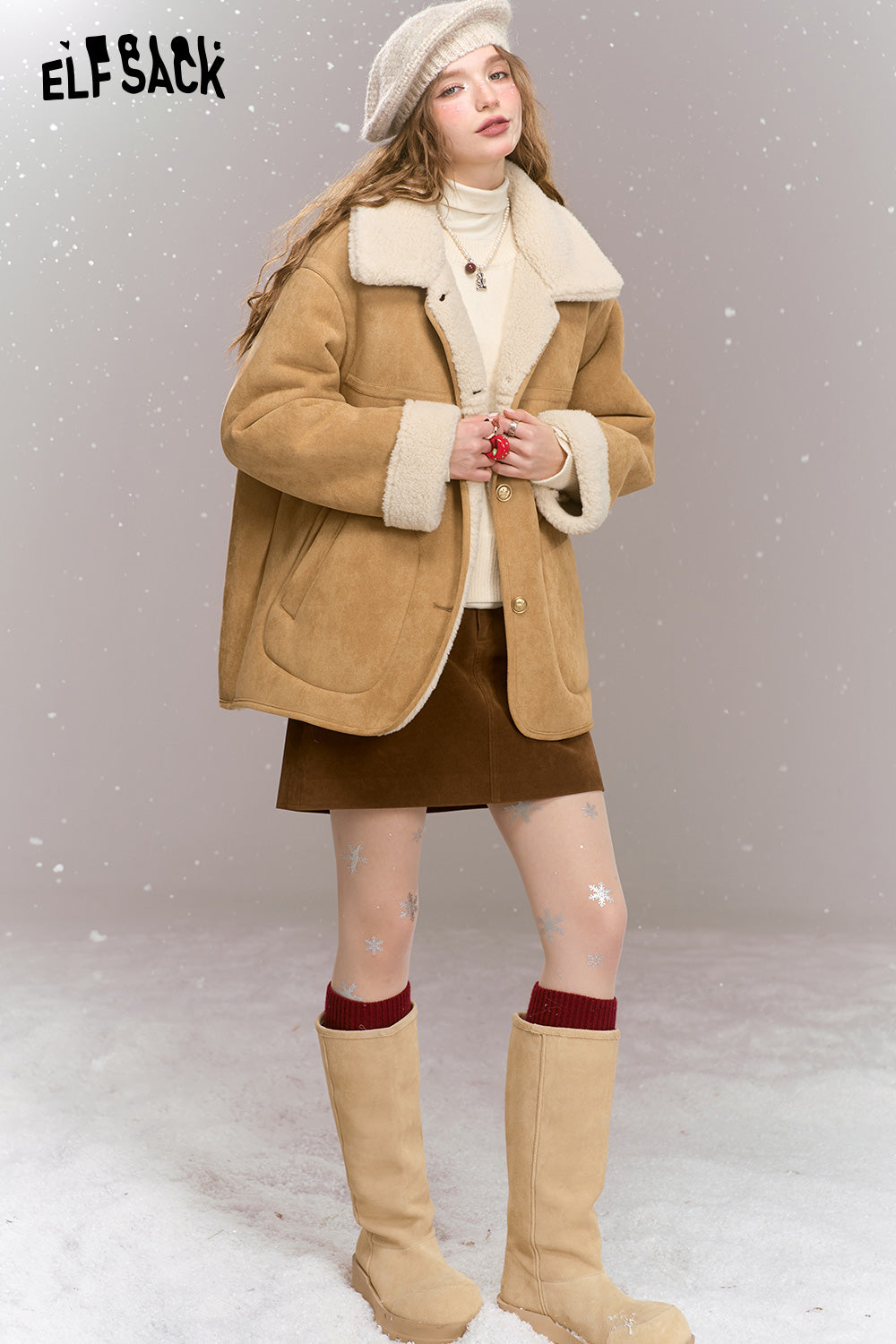 ELFSACK Suede Plush Thickened Jacket Women Retro Casual Single Breasted Warm Jacket