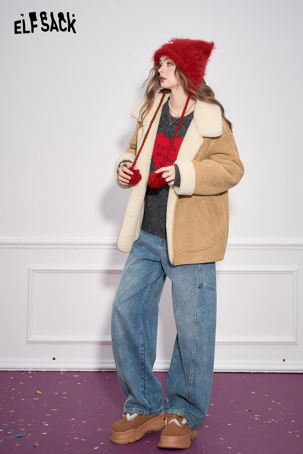 ELFSACK Suede Plush Thickened Jacket Women Retro Casual Single Breasted Warm Jacket