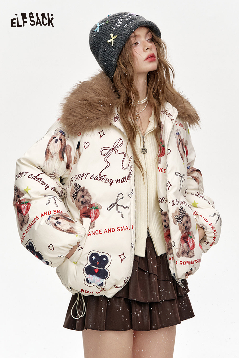 ELFSACK Puppy Print Thickened Short Faux Fur Collar Jacket