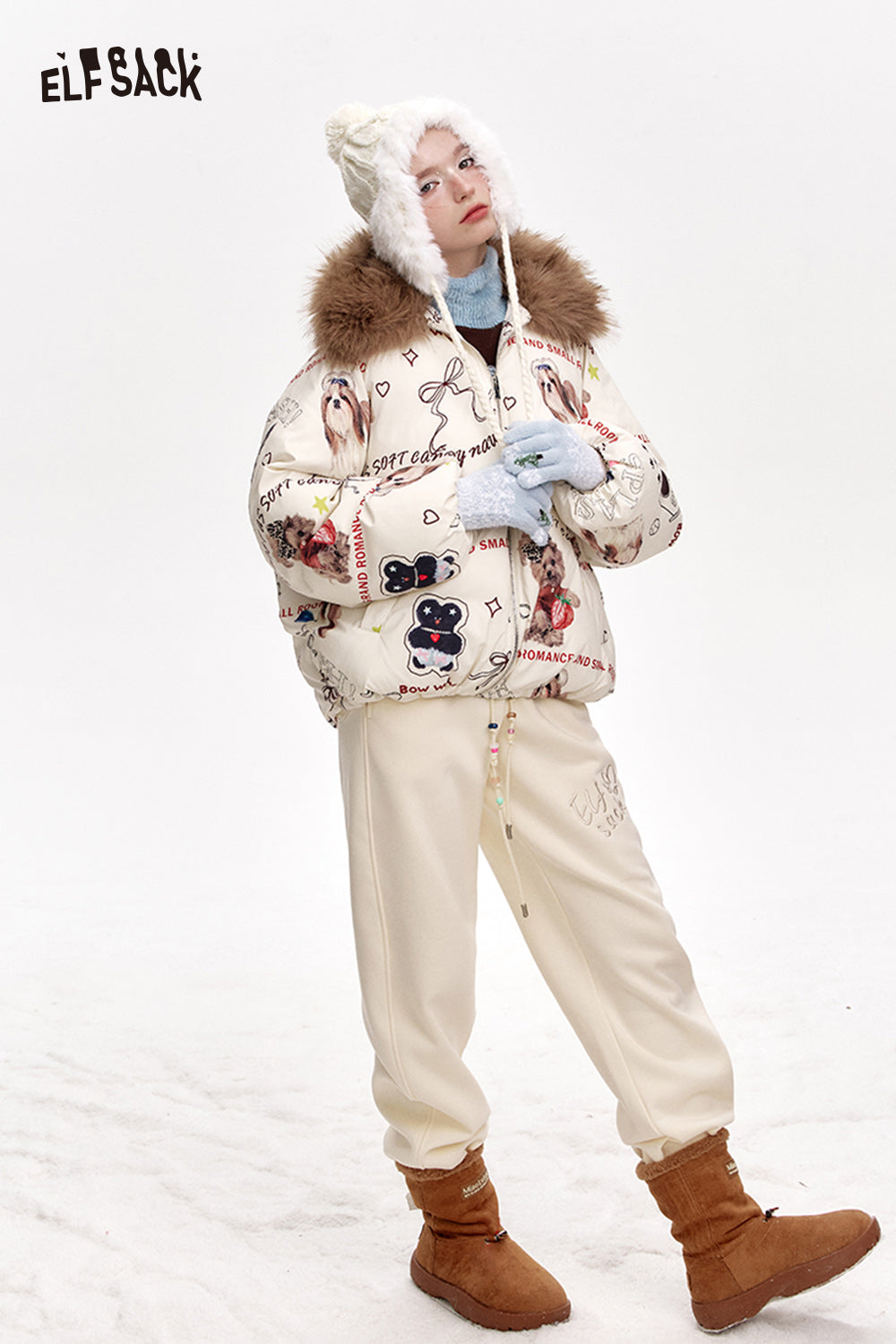 ELFSACK Puppy Print Thickened Short Faux Fur Collar Jacket