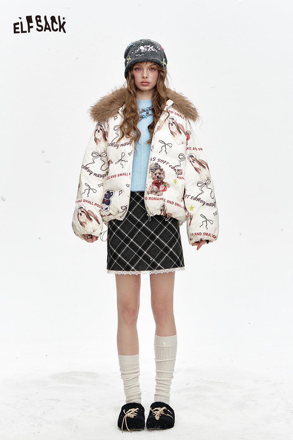 ELFSACK Puppy Print Thickened Short Faux Fur Collar Jacket