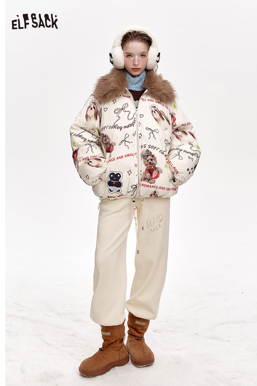 ELFSACK Puppy Print Thickened Short Faux Fur Collar Jacket