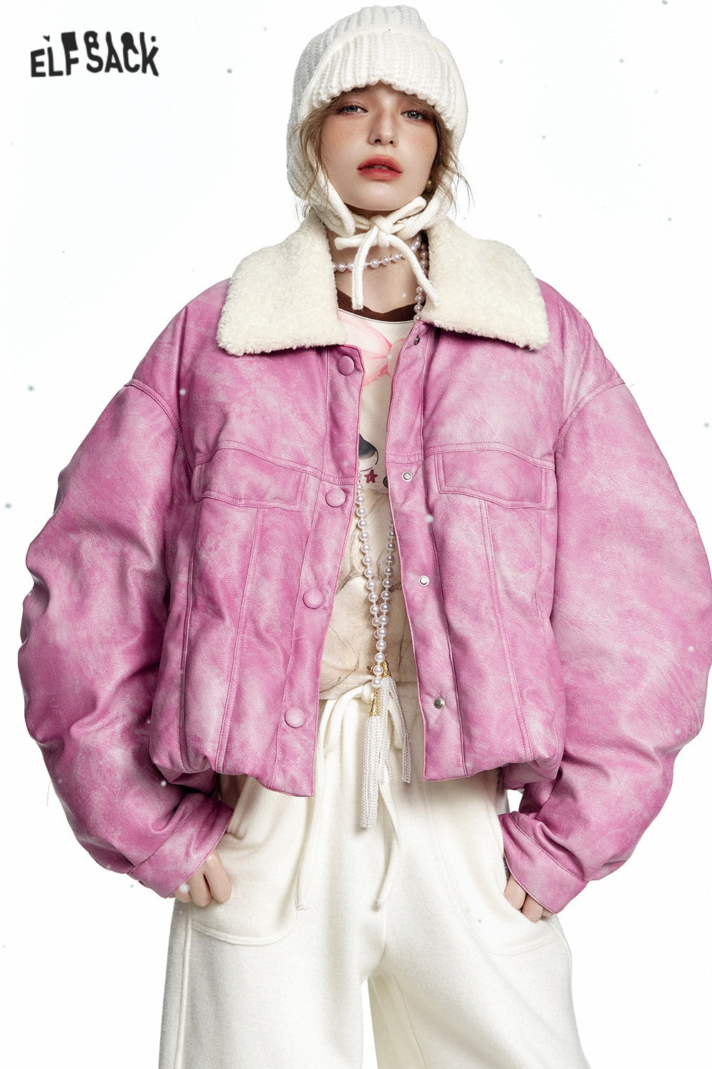ELFSACK Pink Plush Collar Short PU Thick Jacket